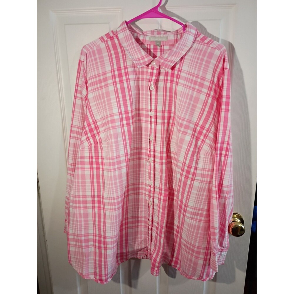 Woman Within 30/32 Pink Gingham Collared Button Up LS Shirt casual comfort norm